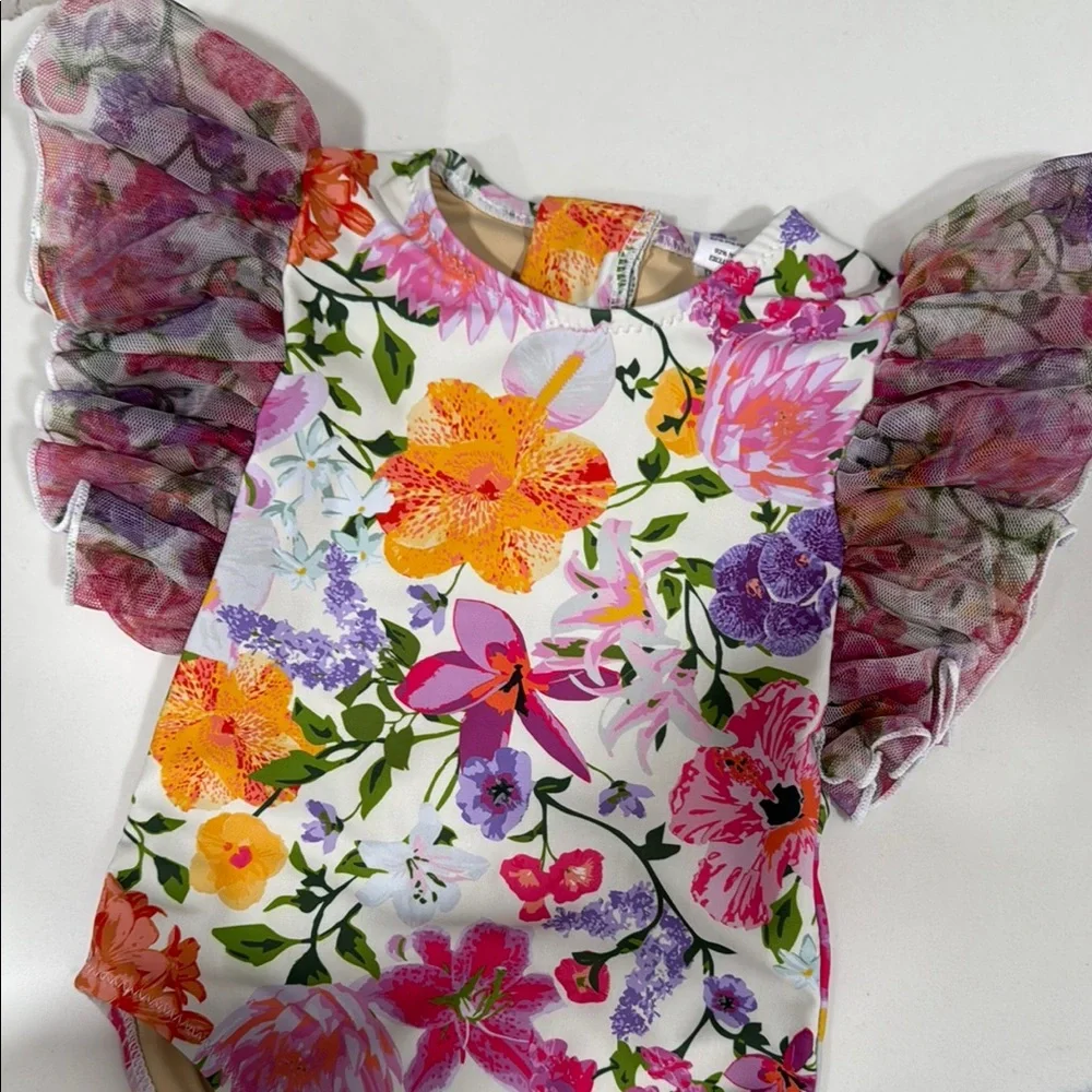 Floral Ruffle-Sleeve Kids One-Piece Swimsuit - White Multi